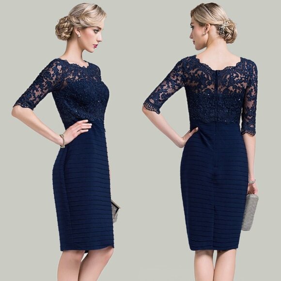NWT JJ’s House Sheath Lace Sequin Long Sleeve Midi Dress in Dark Navy | 6 - Picture 2 of 8